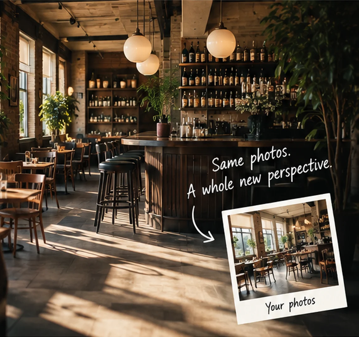 Sunlit restaurant interior with a polaroid of the original photo: same photos, a whole new perspective
